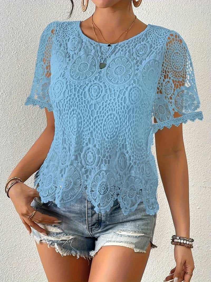 Women's Elegant White Lace V-Neck Blouse With Floral Cut-Out Detail Short Sleeve - Gadgets and more