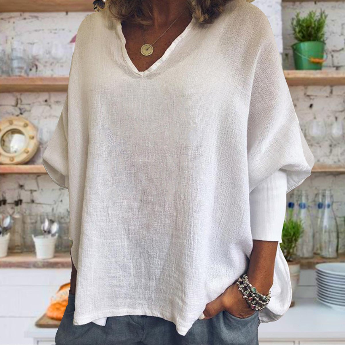 V - neck Solid Color Cotton And Linen Threaded Long Sleeve T-shirt - Gadgets and more